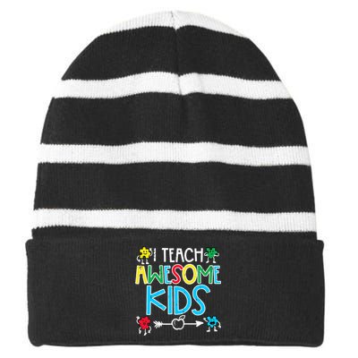 I Teach Awesome Autism Awareness Sped Teacher Me Striped Beanie with Solid Band