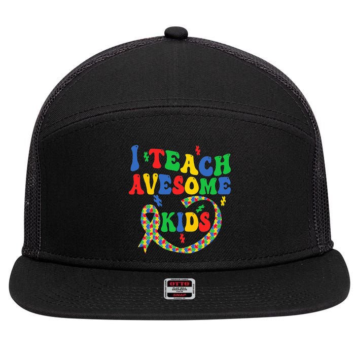 I Teach Awesome Autism Awareness Puzzle Ribbon Teacher 7 Panel Mesh Trucker Snapback Hat