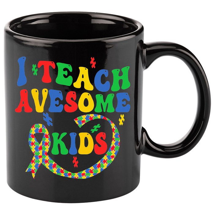 I Teach Awesome Autism Awareness Puzzle Ribbon Teacher 11oz C Handle Ceramic Mug