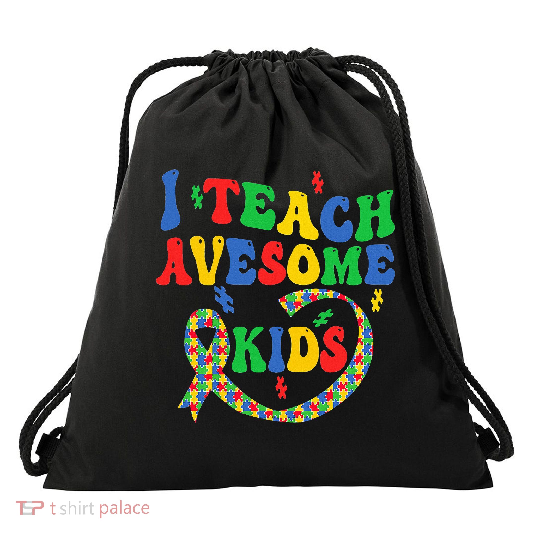 I Teach Awesome Autism Awareness Puzzle Ribbon Teacher Drawstring Bag