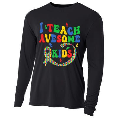 I Teach Awesome Autism Awareness Puzzle Ribbon Teacher Cooling Performance Long Sleeve Crew