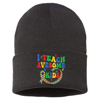 I Teach Awesome Autism Awareness Puzzle Ribbon Teacher Sustainable Knit Beanie