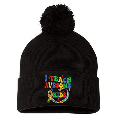 I Teach Awesome Autism Awareness Puzzle Ribbon Teacher Pom Pom 12in Knit Beanie