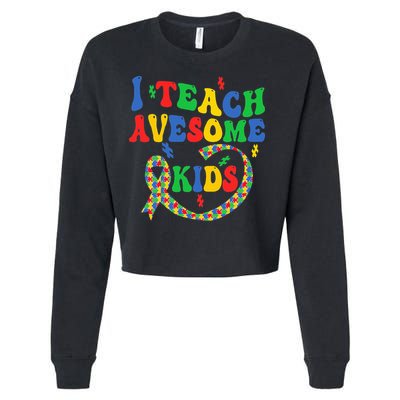 I Teach Awesome Autism Awareness Puzzle Ribbon Teacher Cropped Pullover Crew