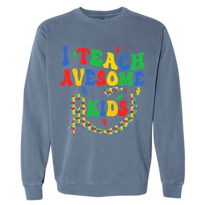 I Teach Awesome Autism Awareness Puzzle Ribbon Teacher Garment-Dyed Sweatshirt