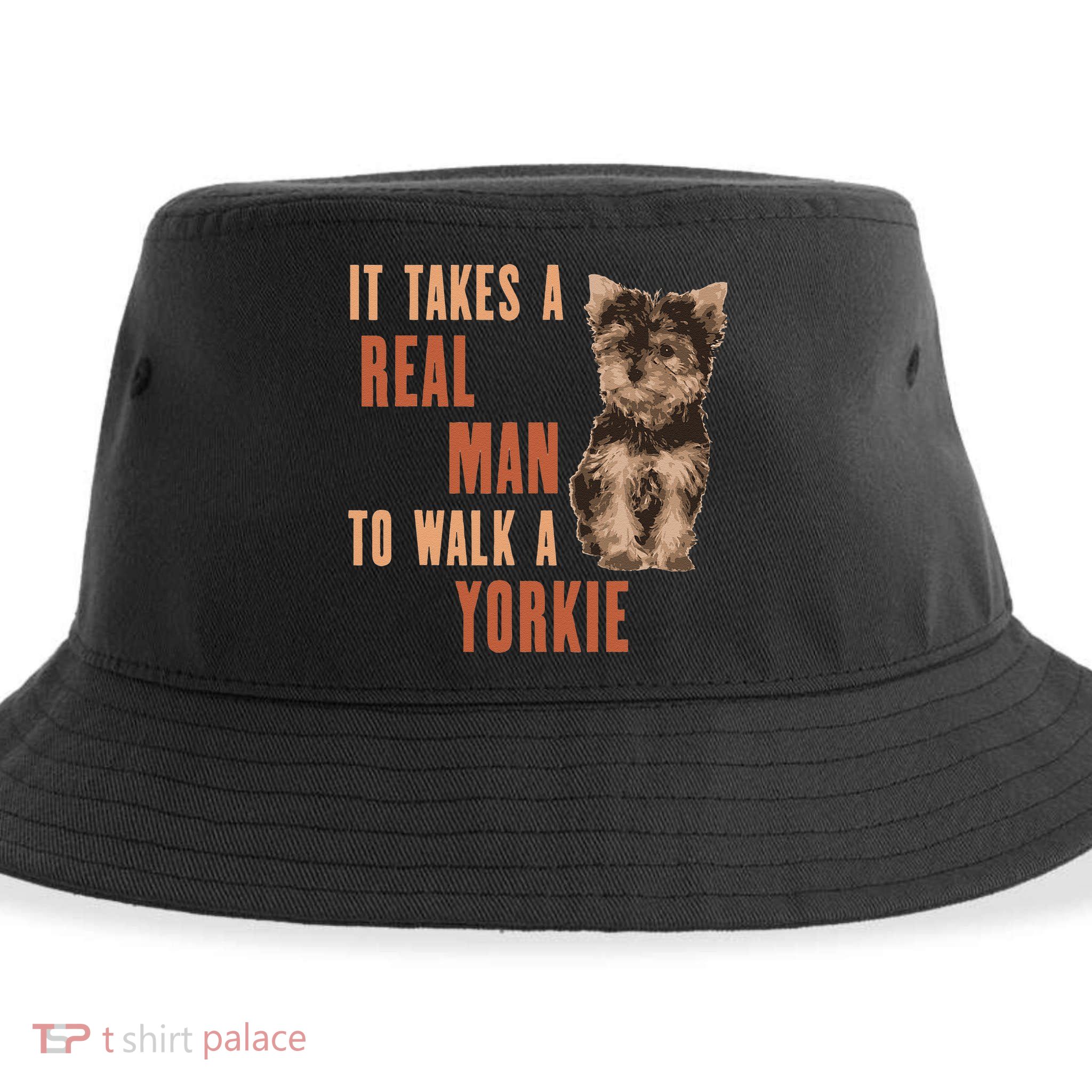 It Takes A REAL MAN To Walk A Yorkie Funny Dog Lover Sustainable Bucket Hat