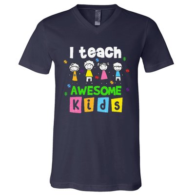 I Teach Awesome Special Needs Autism Awareness V-Neck T-Shirt