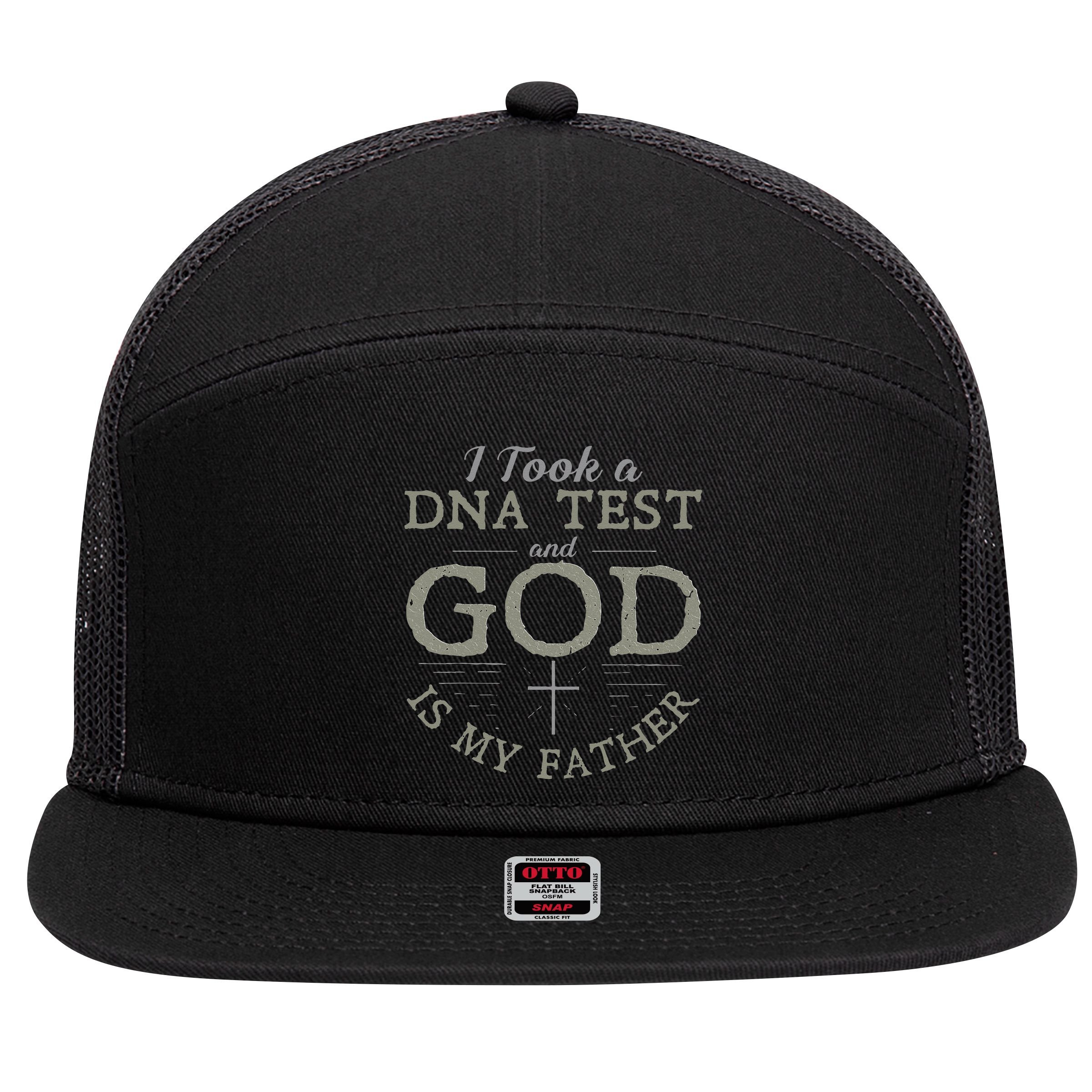 I Took A DNA Test And God Is My Father Funny Christian 7 Panel Mesh Trucker Snapback Hat