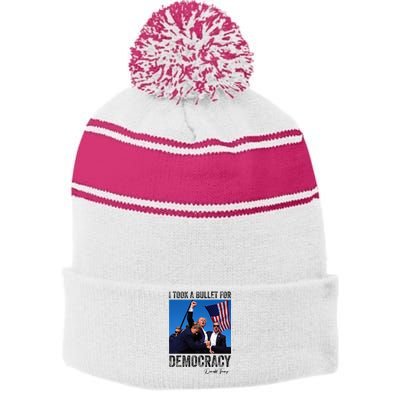 I Took Bullet For Democracy Trump Shooting Rally Trump 2024 Stripe Pom Pom Beanie