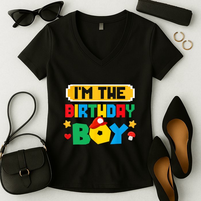 Im The Birthday Boy Game Gaming Family Matching Women's V-Neck T-Shirt