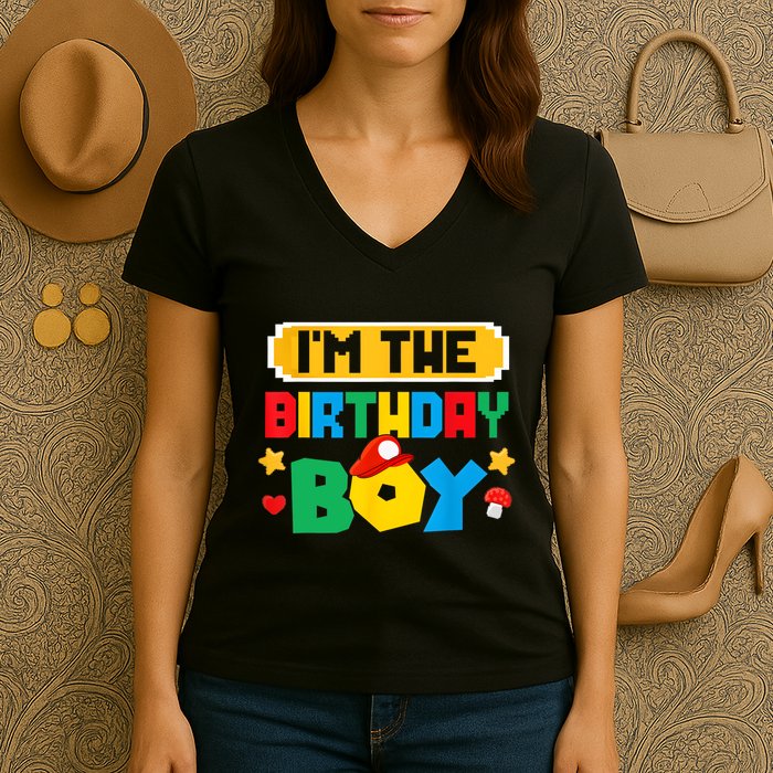 Im The Birthday Boy Game Gaming Family Matching Women's V-Neck T-Shirt