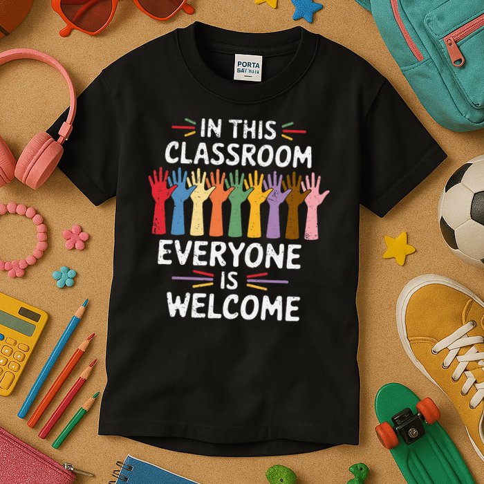 In This Classroom Everyone Is Welcome Colorful Teaching Kids T-Shirt
