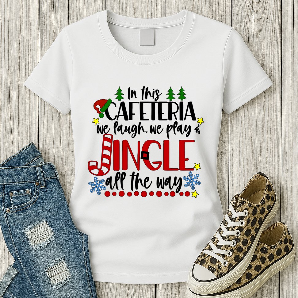In This Cafetria We Laugh We Play School Lunch Lady Christmas Womens T-Shirt