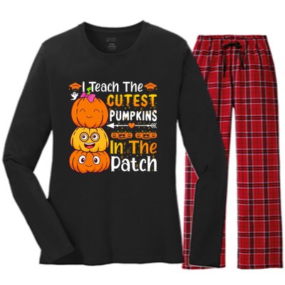 I Teach Cutest Pumpkins In Patch Teacher Halloween Women's Long Sleeve Flannel Pajama Set 