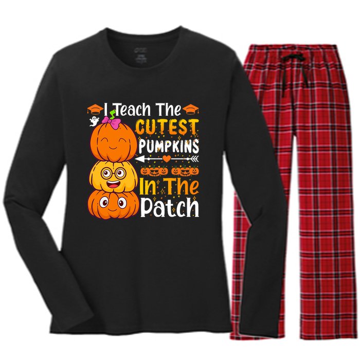 I Teach Cutest Pumpkins In Patch Teacher Halloween Women's Long Sleeve Flannel Pajama Set 