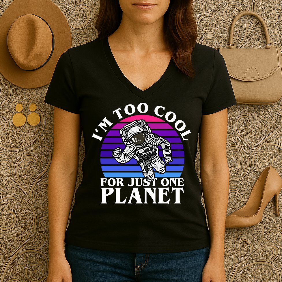 I'm Too Cool For Just One Planet Astronaut Women's V-Neck T-Shirt