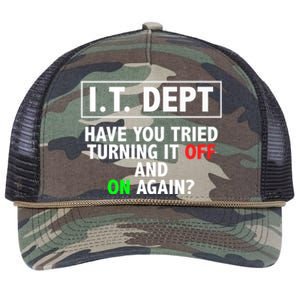 I T Dept Have You Tried Turning It Off And On Again Gift Retro Rope Trucker Hat Cap