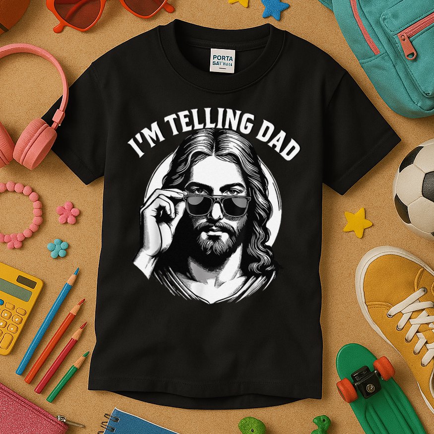 IM Telling Dad Jesus Wearing Sunglasses Kids T-Shirt