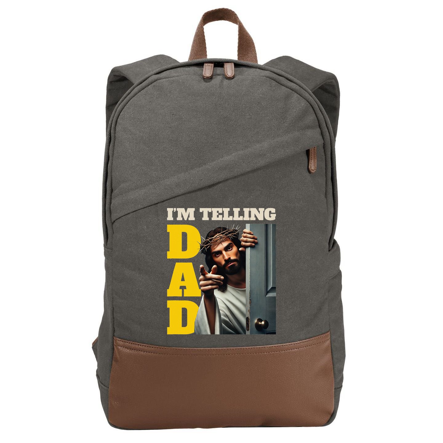 Im Telling Dad Funny Religious Christian Jesus Crown Cotton Canvas Backpack