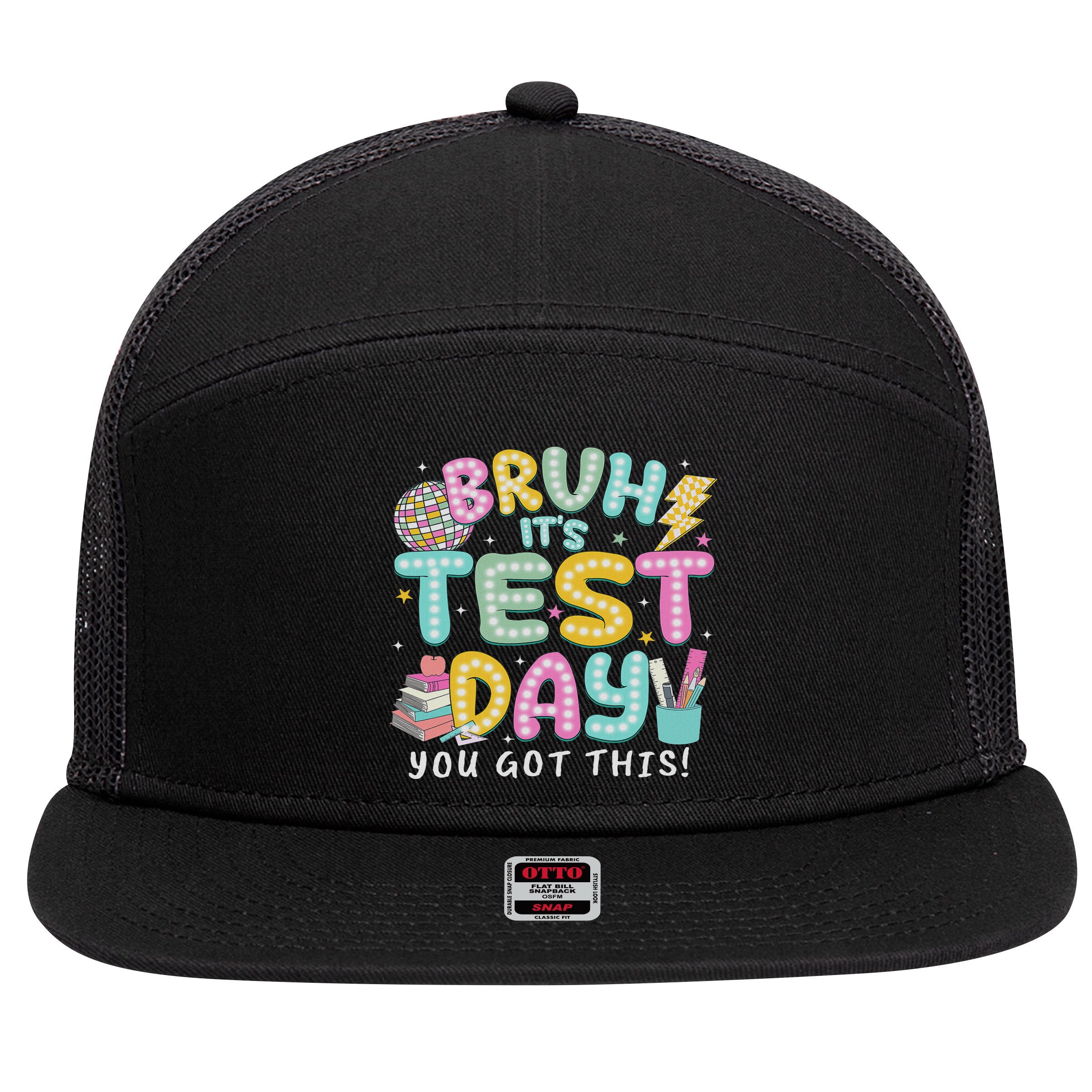 It’s Test Day Rock The School Test Day Teacher 7 Panel Mesh Trucker Snapback Hat