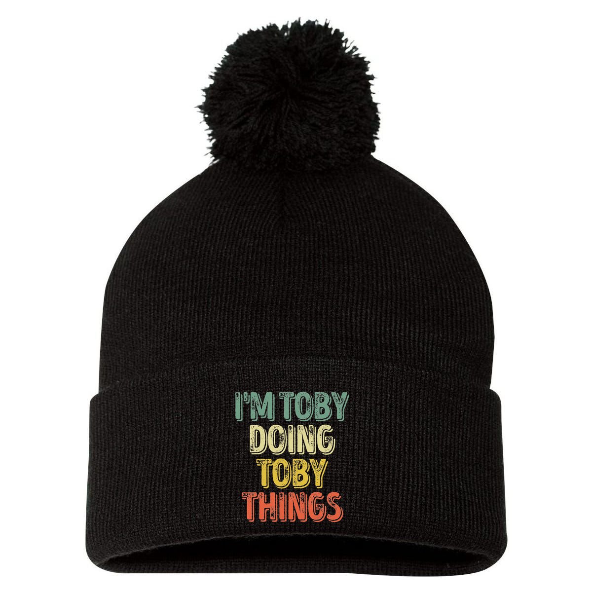 IM Toby Doing Toby Things Personalized First Name Pom Pom 12in Knit Beanie