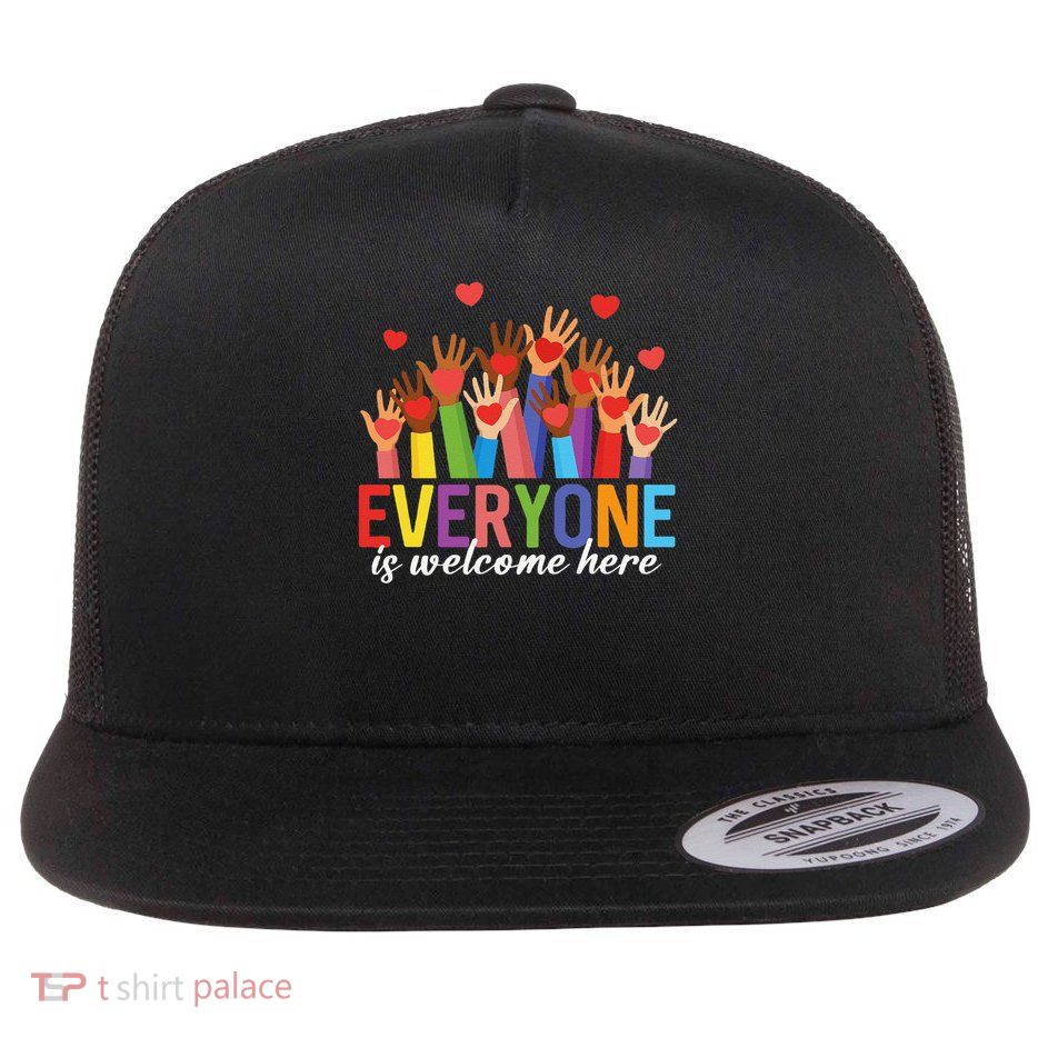 Idaho Teacher Everyone Is Welcome Here Inclusion  Equality Flat Bill Trucker Hat