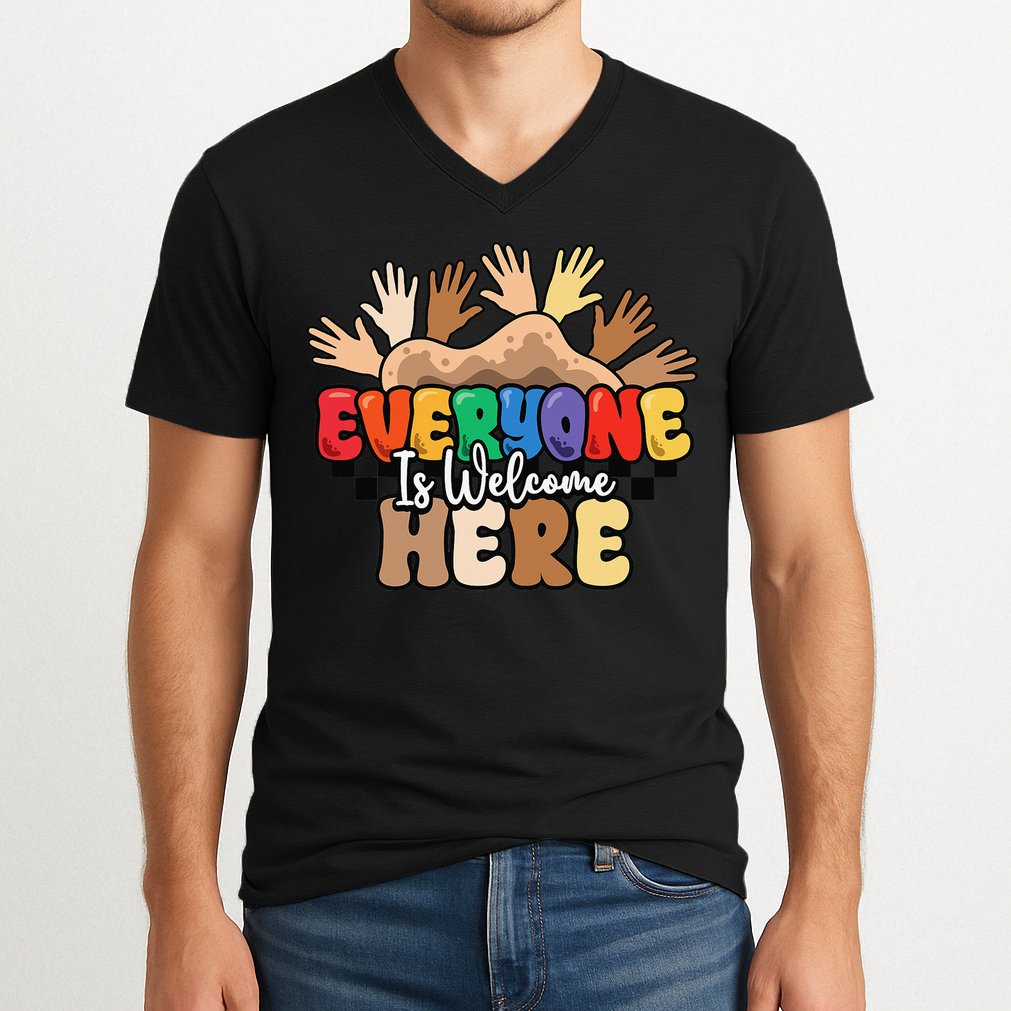 Idaho Teacher Everyone Is Welcome Here Equality LGBT Groovy V-Neck T-Shirt