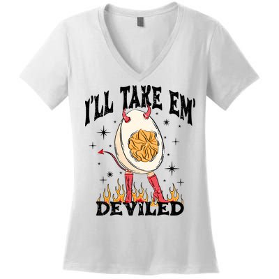 ILl Take Em Deviled Funny Thanksgiving Deviled Eggs Women's V-Neck T-Shirt