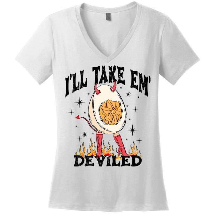 ILl Take Em Deviled Funny Thanksgiving Deviled Eggs Women's V-Neck T-Shirt