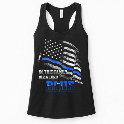 In This Family We Bleed Blue Police Blue Line Flag USA Womens Tank Top