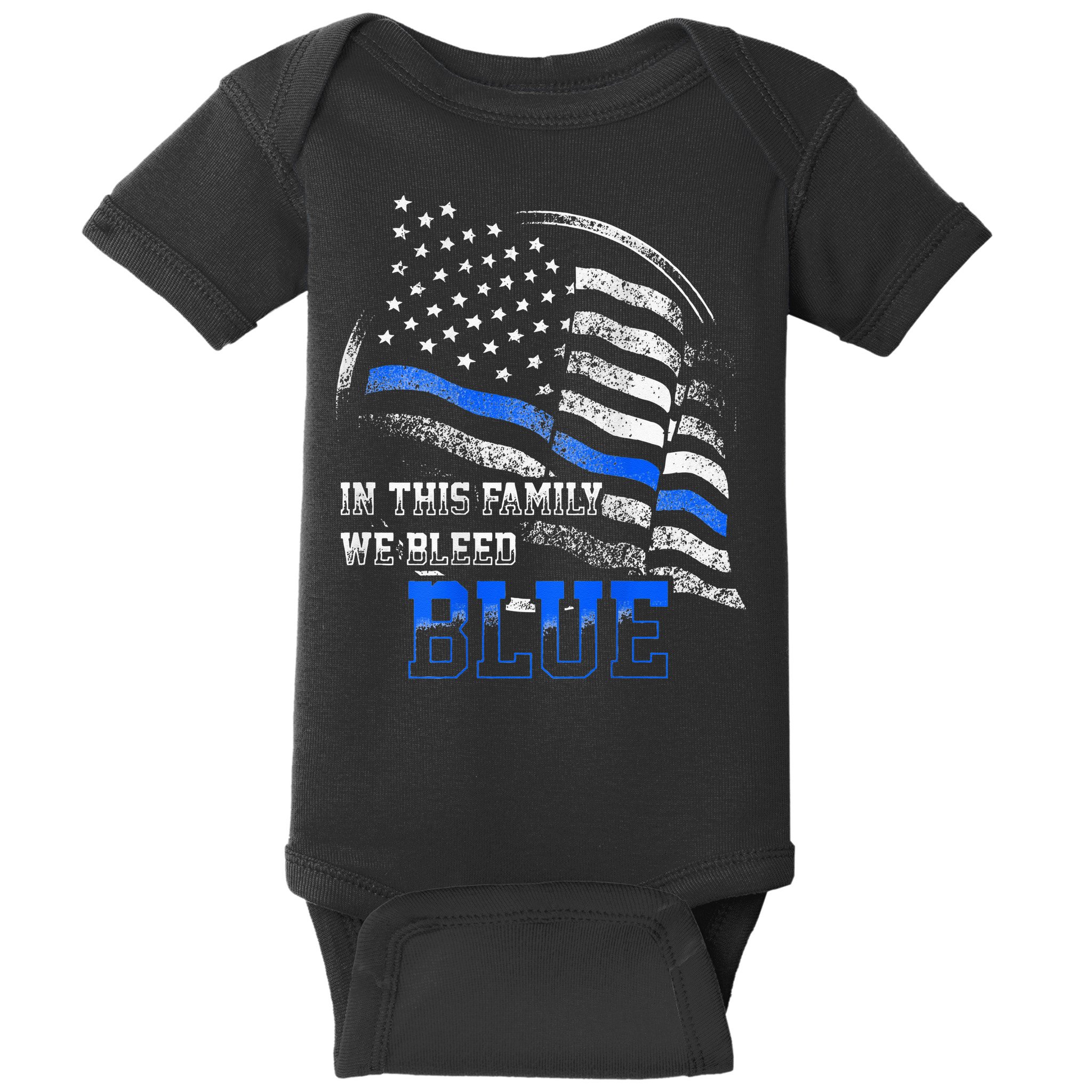 In This Family We Bleed Blue Police Blue Line Flag USA Baby Bodysuit
