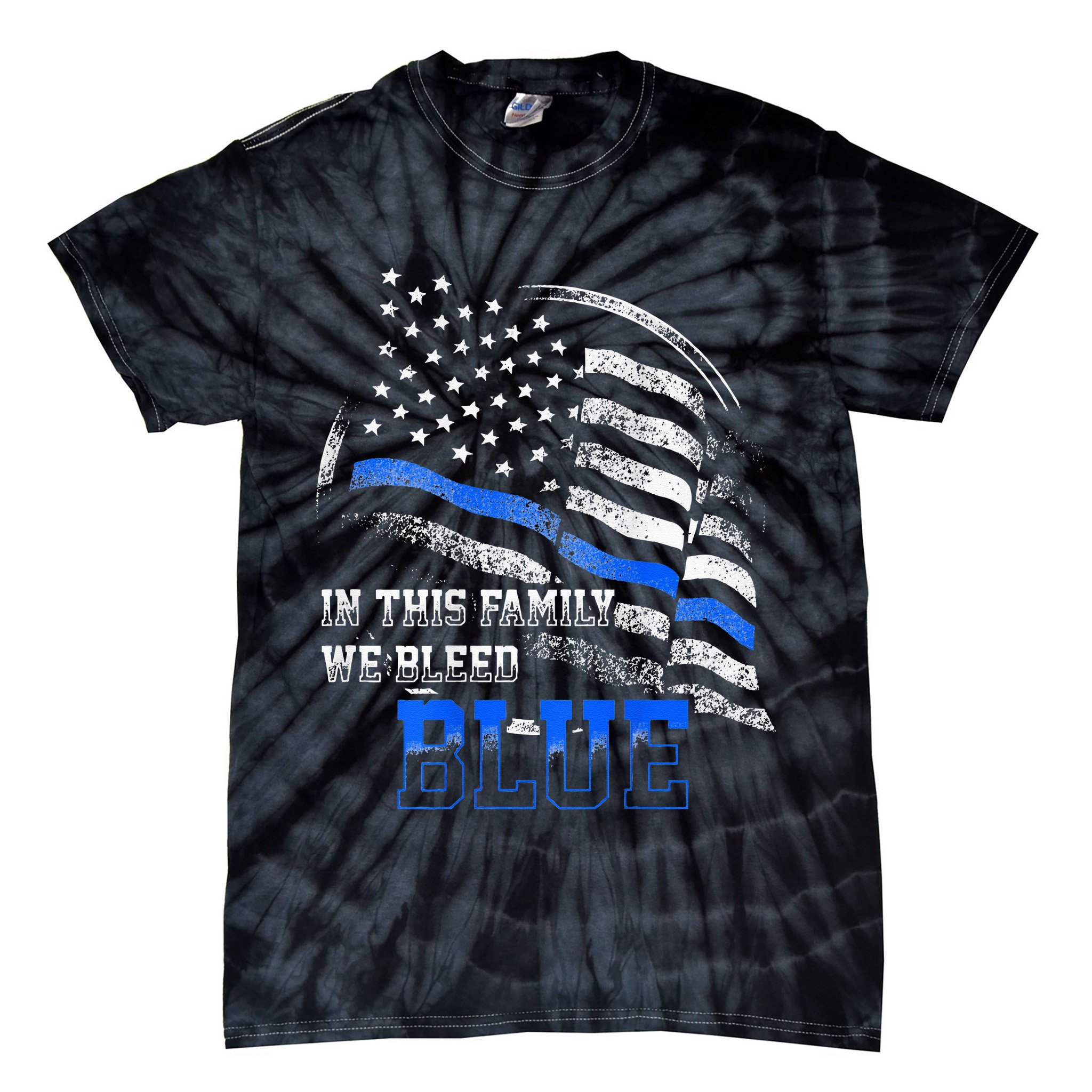 In This Family We Bleed Blue Police Blue Line Flag USA Tie-Dye T-Shirt