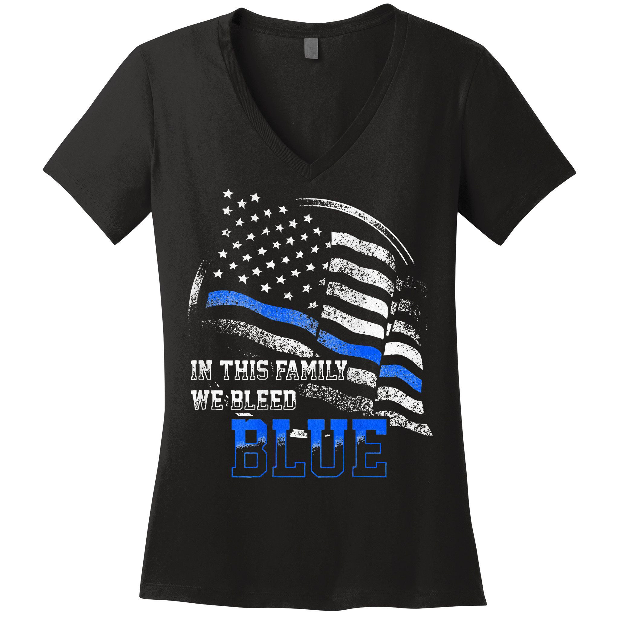 In This Family We Bleed Blue Police Blue Line Flag USA Women's V-Neck T-Shirt