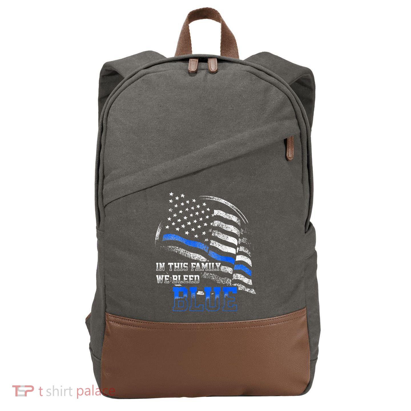 In This Family We Bleed Blue Police Blue Line Flag USA Cotton Canvas Backpack