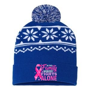 In This Family Nobody Fights Alone Breast Cancer Awareness USA-Made Snowflake Beanie