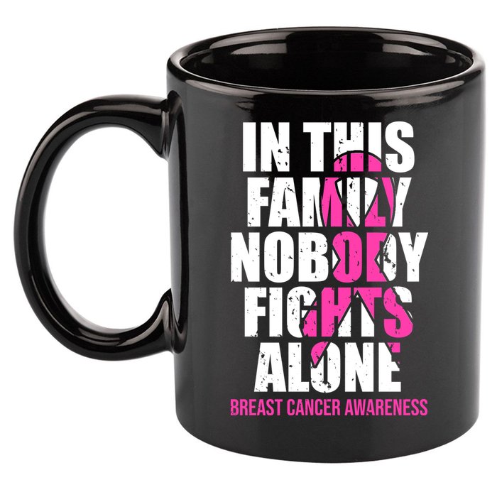 In This Family No One Fights Alone Breast Cancer Pink Ribbon 11oz C Handle Ceramic Mug