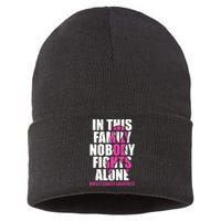 In This Family No One Fights Alone Breast Cancer Pink Ribbon Sustainable Knit Beanie