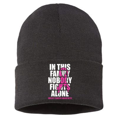 In This Family No One Fights Alone Breast Cancer Pink Ribbon Sustainable Knit Beanie