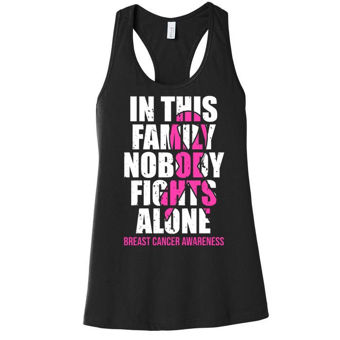 In This Family No One Fights Alone Breast Cancer Pink Ribbon Women's Racerback Tank