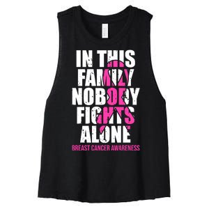 In This Family No One Fights Alone Breast Cancer Pink Ribbon Women's Racerback Cropped Tank