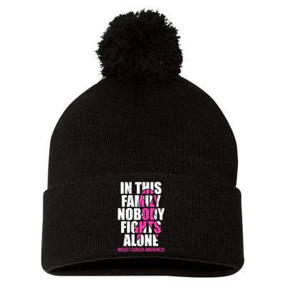 In This Family No One Fights Alone Breast Cancer Pink Ribbon Pom Pom 12in Knit Beanie