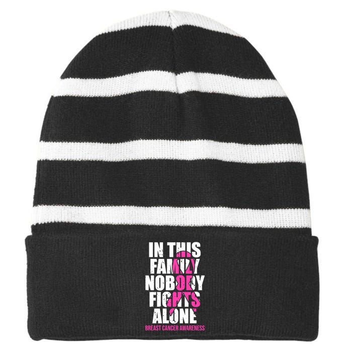 In This Family No One Fights Alone Breast Cancer Pink Ribbon Striped Beanie with Solid Band