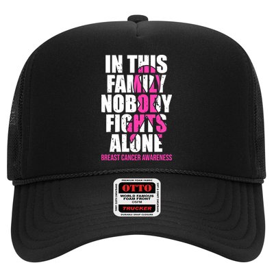 In This Family No One Fights Alone Breast Cancer Pink Ribbon Trucker Hat