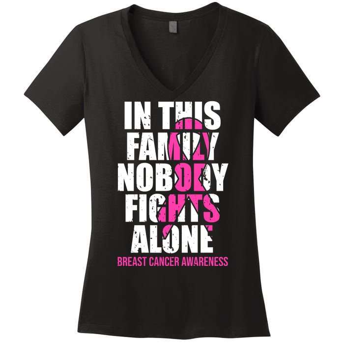 In This Family No One Fights Alone Breast Cancer Pink Ribbon Women's V-Neck T-Shirt