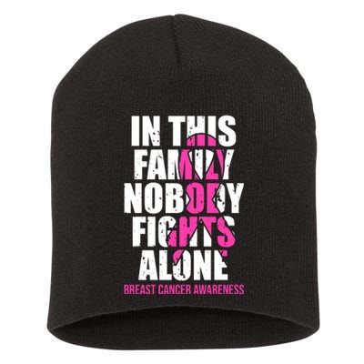 In This Family No One Fights Alone Breast Cancer Pink Ribbon Short Acrylic Beanie