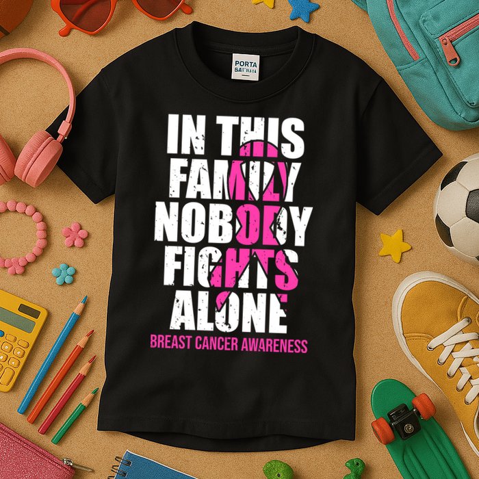 In This Family No One Fights Alone Breast Cancer Pink Ribbon Kids T-Shirt