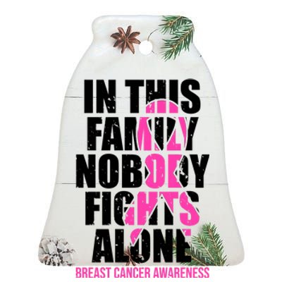 In This Family No One Fights Alone Breast Cancer Pink Ribbon Ceramic Bell Ornament