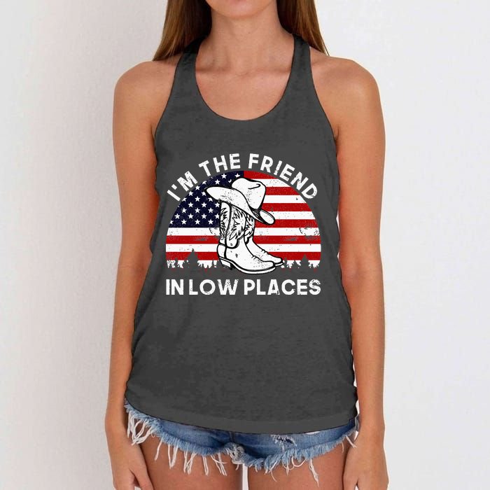 IM The Friend In Low Places Vintage Cowboy Hat Usa Flag Women's Knotted Racerback Tank