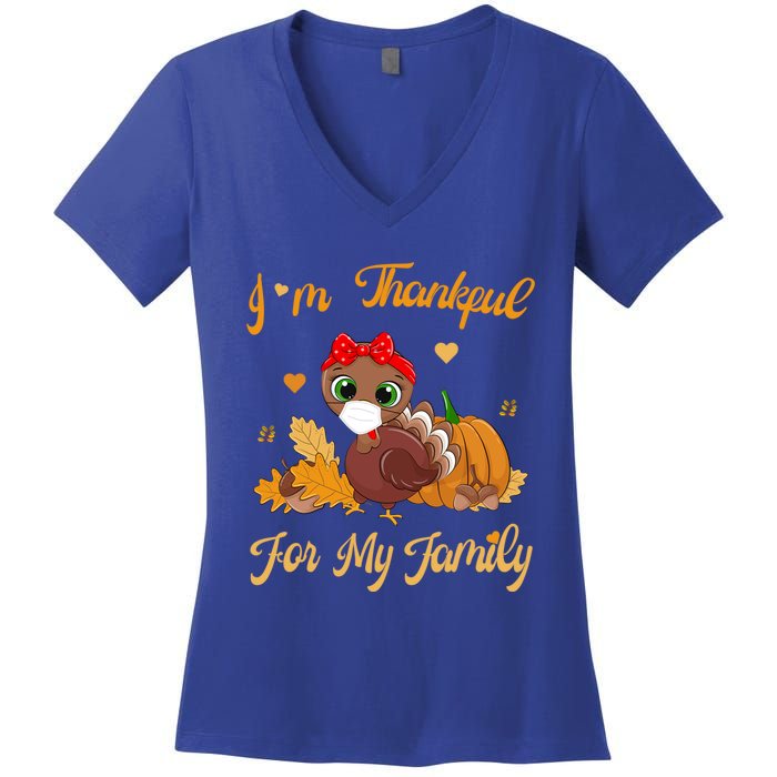 Im Thankful For My Family Pajamas Turkey Thanksgiving Gift Women's V-Neck T-Shirt