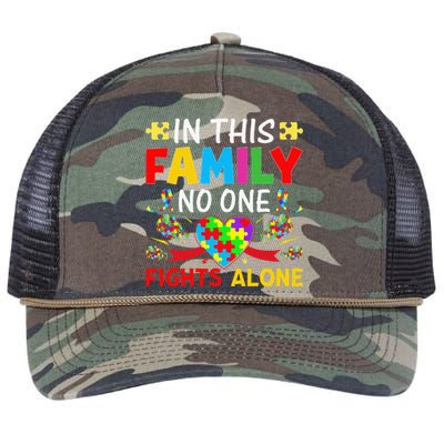 In This Family Nobody Fights Alone Autism Awareness Autistic Retro Rope Trucker Hat Cap